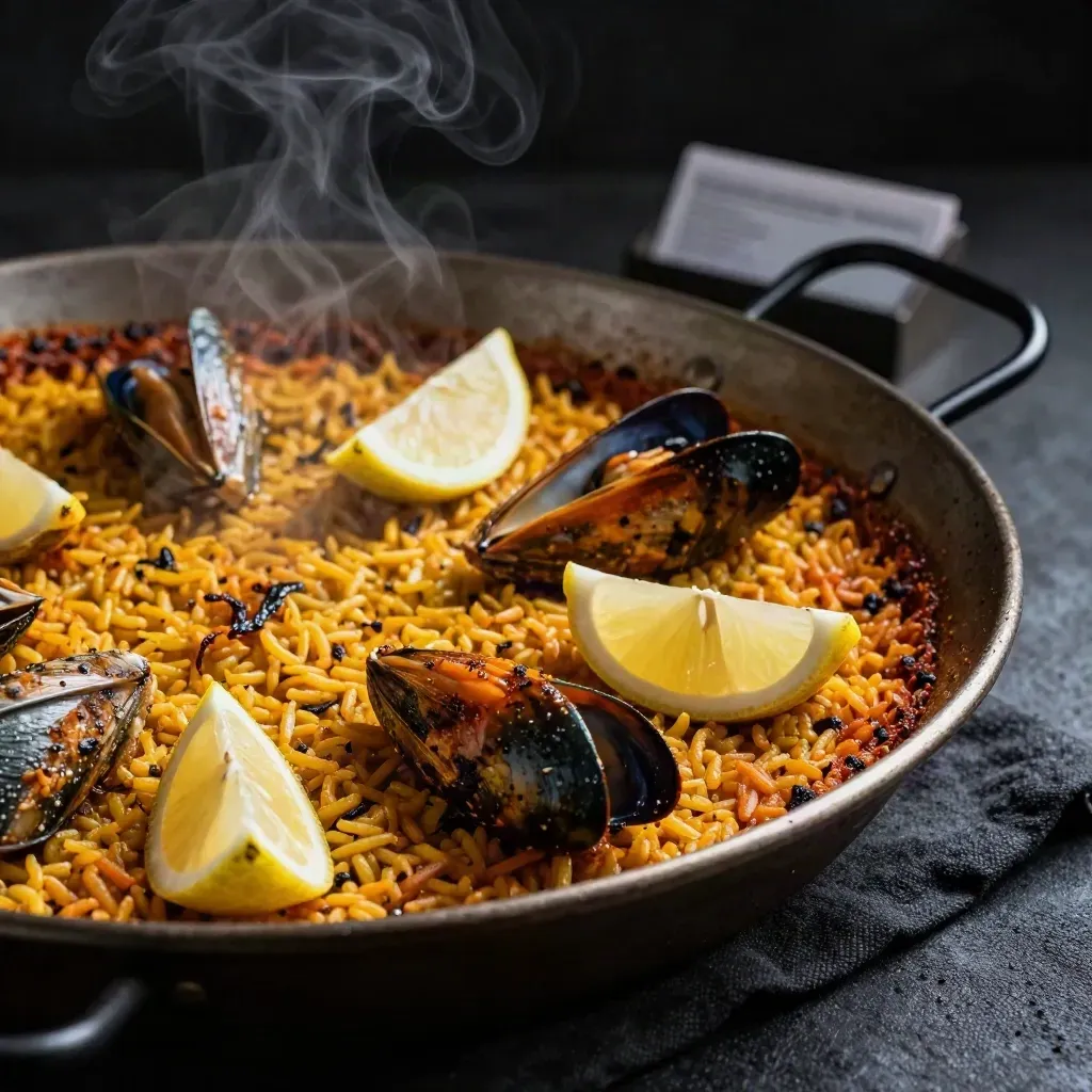 Extreme macro of saffron paella with shells, lemon wedges, and rising steam on dark linen.