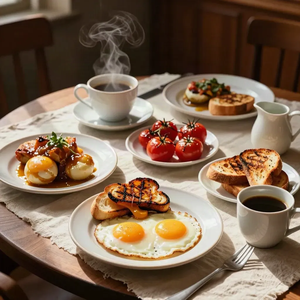 Steaming brunch plates of eggs, patatas, toast, tomatoes and coffee on cream linen