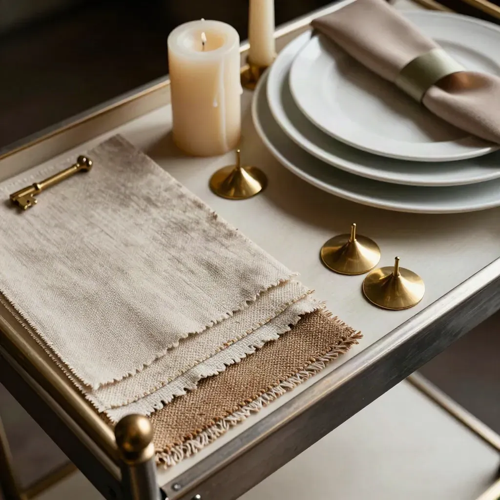 Top-down still life of linen, candles, charger plates, ribbon spools, and brass holders on a banquet cart
