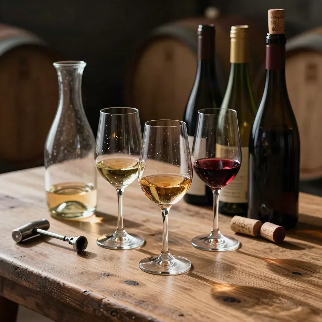 Three wine tasting glasses, decanter and corks on a cellar table in soft daylight.