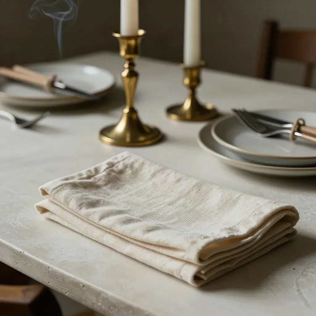 Folded linens, brass candlesticks, stacked plates, and twine-wrapped cutlery on plaster