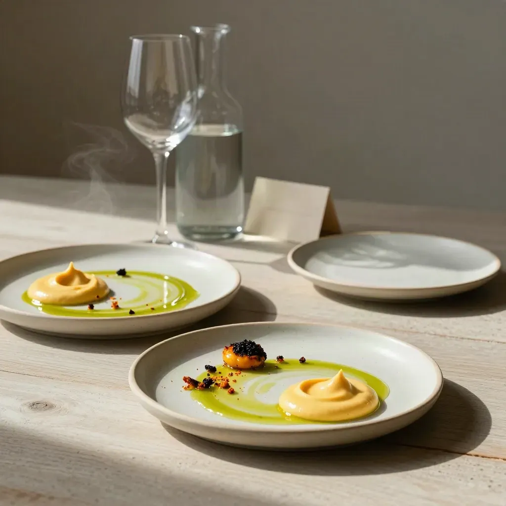 Half-finished tapas plates with wine glass, carafe, and waiting saucer on pale wood