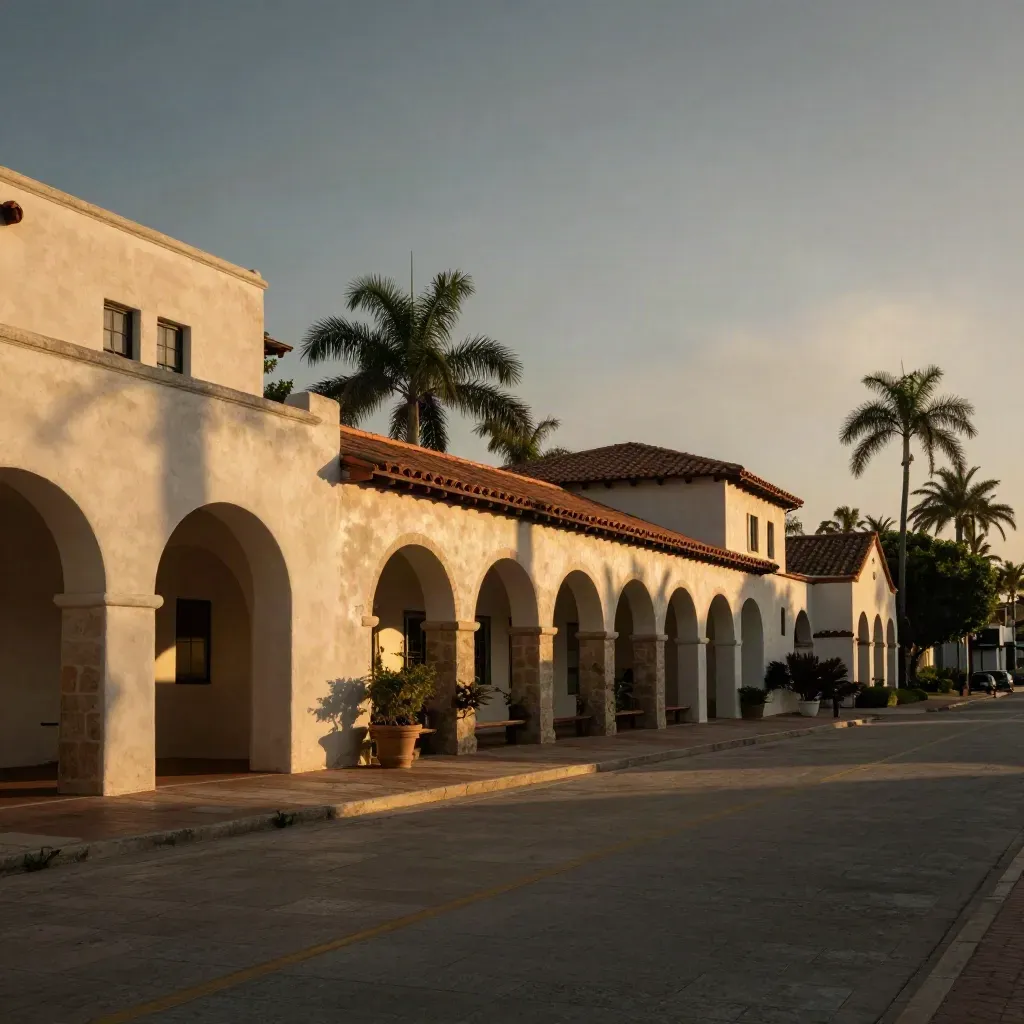 Golden-hour Coral Gables arches and palm-lined boulevard with calm open foreground.