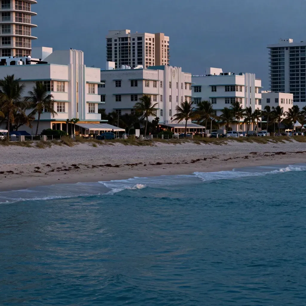 Art Deco facades above pale sand and calm ocean at blue hour in Miami Beach.